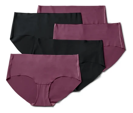 Sechs Damenslips, abwechselnd bordeauxrot und schwarz.