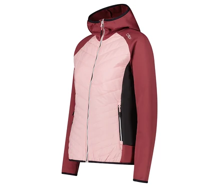 Rosa-weinrote Jacke mit Kapuze und Reißverschluss.