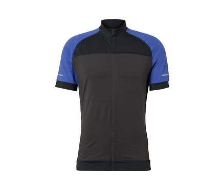 Blaues Fahrrad-Trikot mit kurzen Ärmeln.