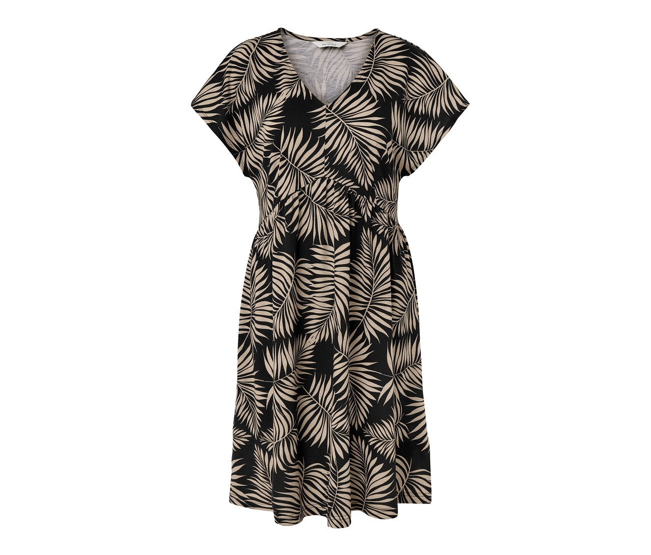Ein bedrucktes Jerseykleid mit Blättern in Schwarz und Beige.