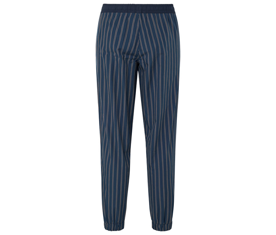 Blaue, gestreifte Hose mit Kordelzug in der Taille.