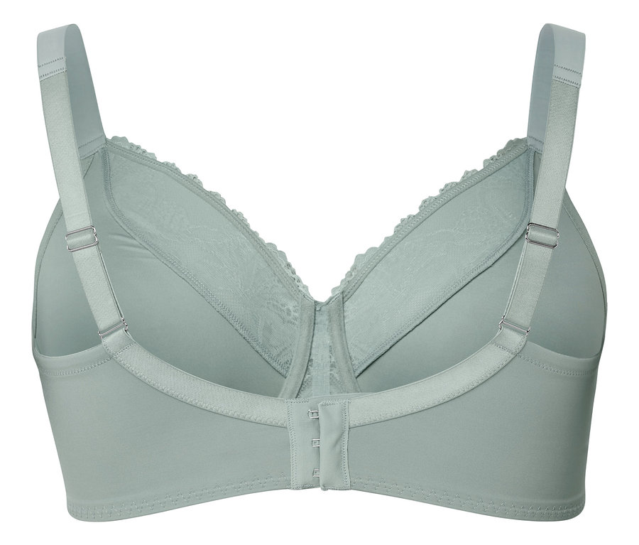 Detailansicht der Rückseite eines hellgrünen BHs mit Spitze und verstellbaren Trägern.
