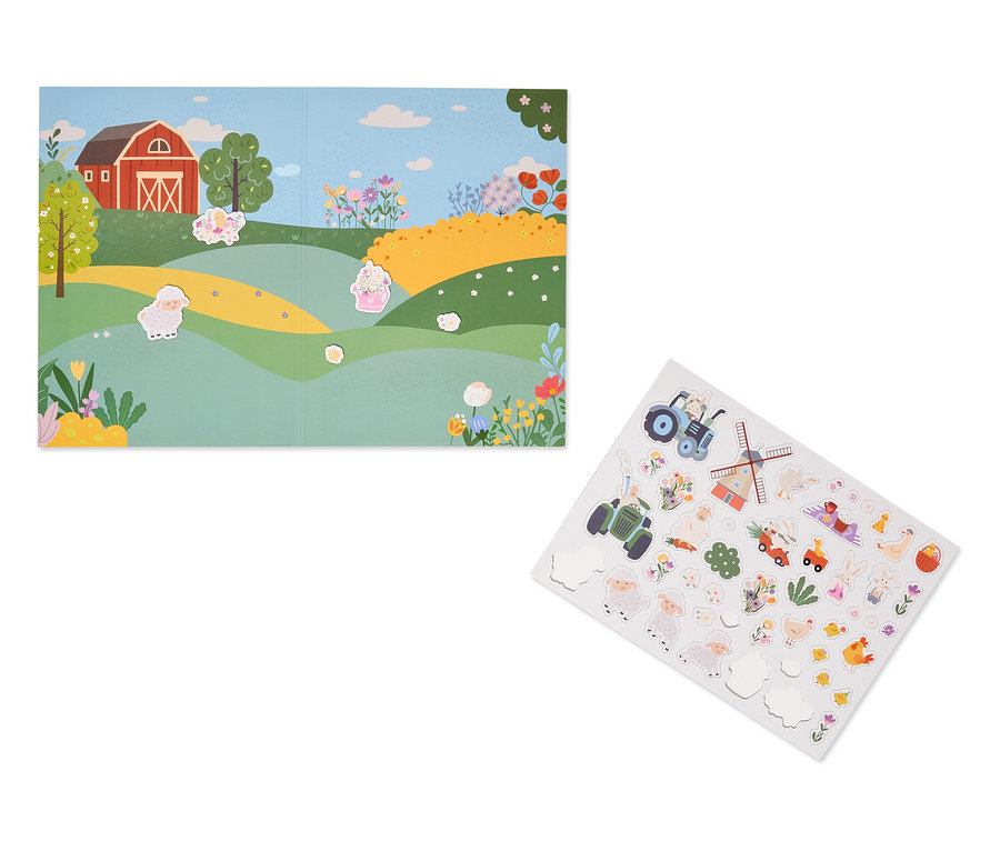 Aufklappbares Spielbuch mit Bauernhof-Szene und separatem Aufkleberbogen mit Bauernhoftieren und Fahrzeugen.