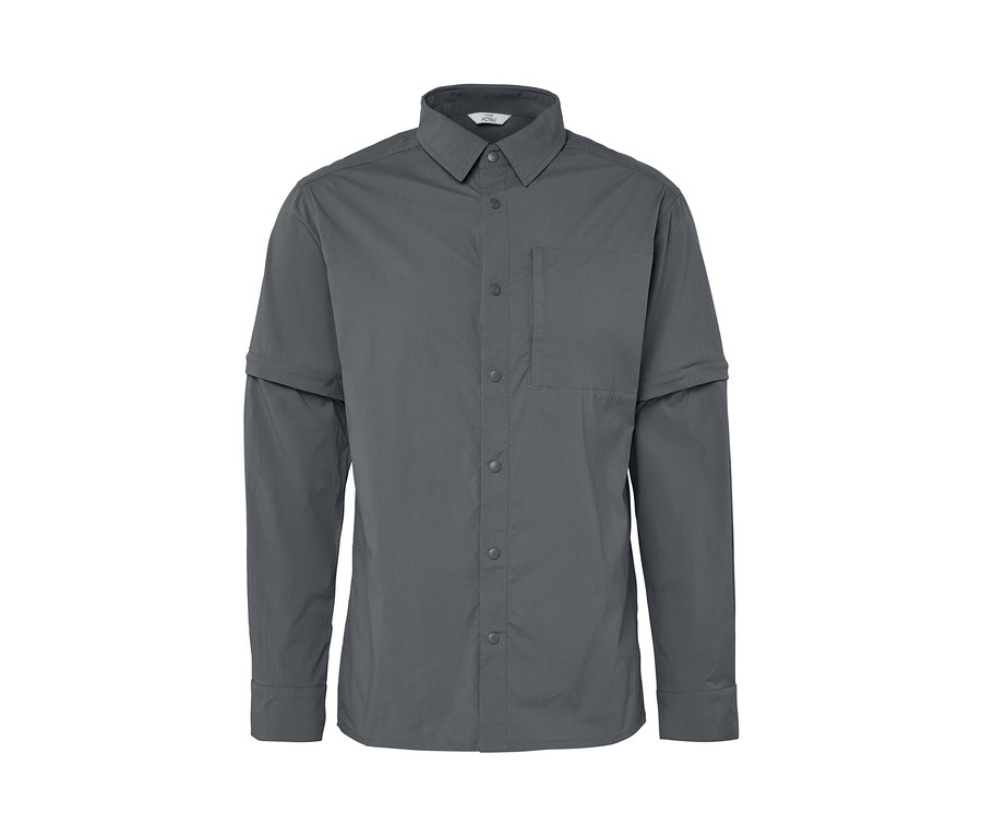 Graues Outdoorhemd mit langen Ärmeln und einer Tasche.