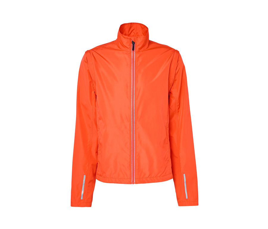 Orangefarbene 2-in-1-Fahrradjacke mit silbernem Reißverschluss.
