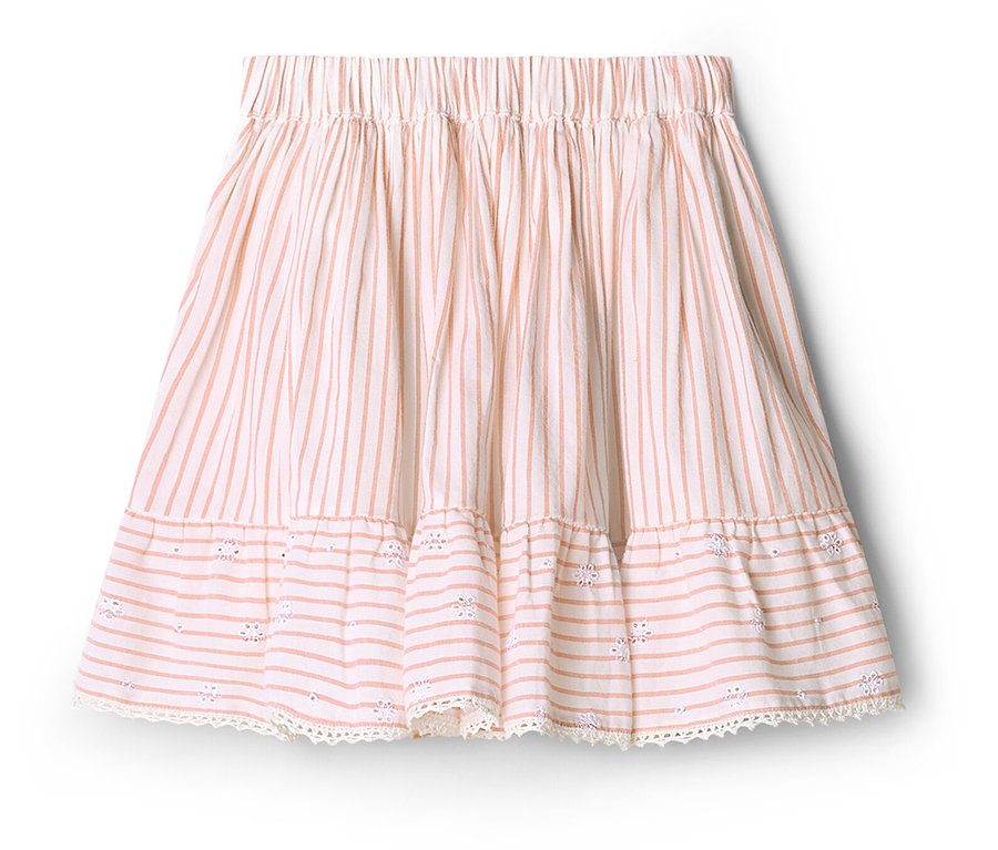 Ein weißer Rock mit rosa Streifen und einer Rüsche am Saum liegt auf einem weißen Hintergrund.