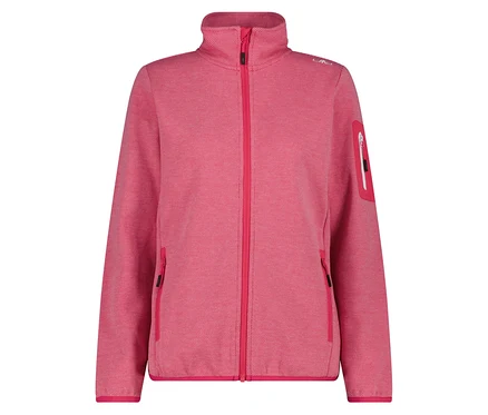 Eine rosafarbene Fleecejacke mit durchgehendem Reißverschluss und Taschen.