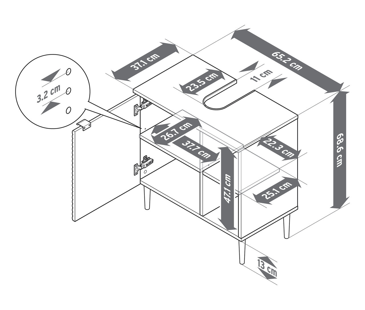Detaillierte schematische Darstellung des Waschbeckenunterschranks »SONARI« mit Tür, inklusive aller Maße.