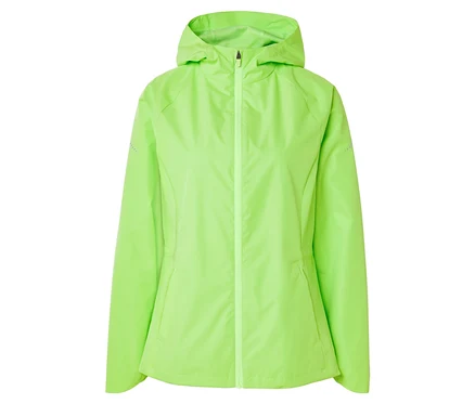 Eine neongrüne, gefütterte Jacke mit Kapuze ist mit einem Reißverschluss geschlossen.