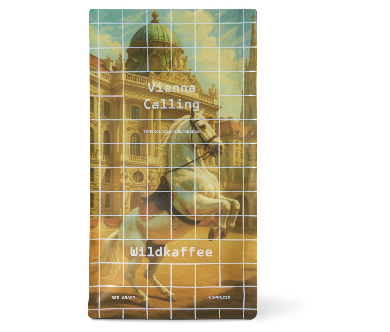 Eine Packung Wildkaffee Vienna Calling Espresso mit einem Bild eines weißen Pferdes und Wiener Architektur.