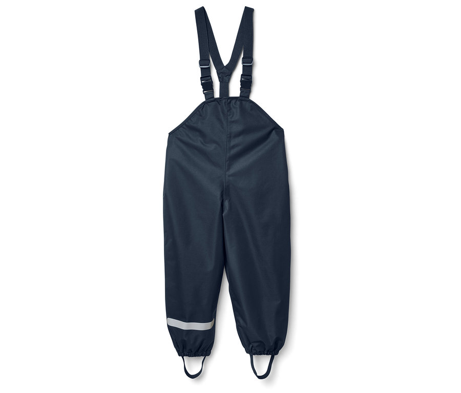 Dunkelblaue Matschhose mit Hosenträgern und Reflektorstreifen an den Beinen.