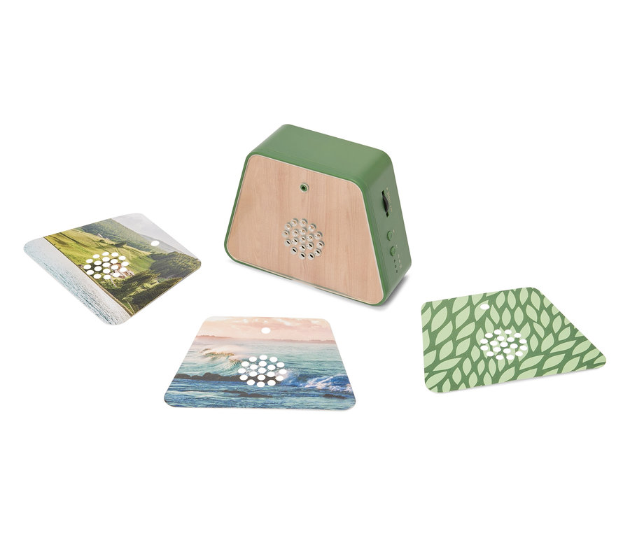Ein grüner Lautsprecher mit Holzdetails steht auf einer weißen Fläche, umgeben von drei quadratischen Karten mit Landschaftsmotiven.
