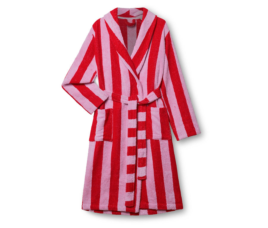 Gestreifter Bademantel in Rot und Rosa mit Bindegürtel und Taschen.