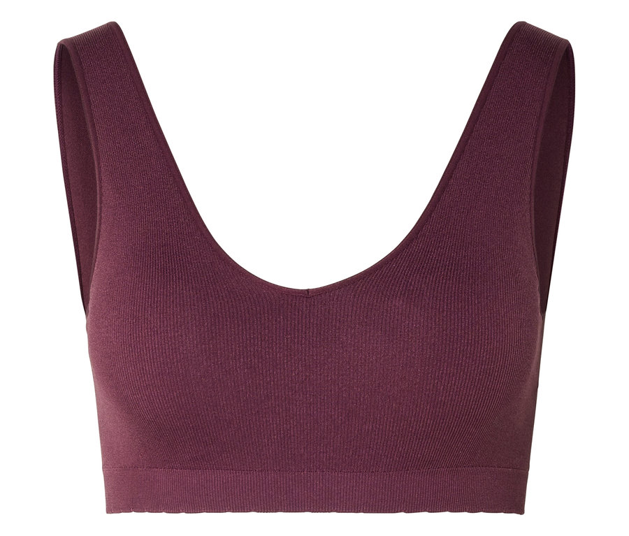 Ein burgunderrotes, geripptes Sport-Bustier mit V-Ausschnitt ist vor einem weißen Hintergrund zu sehen.