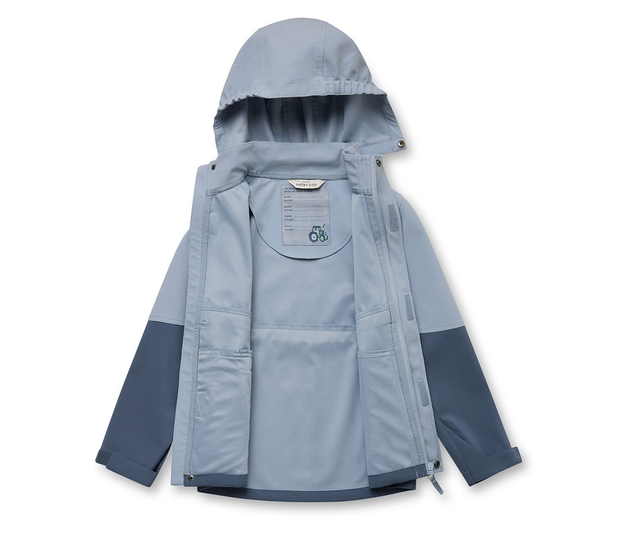Geöffnete, hellblaue Kinderjacke mit Kapuze und marineblauen Ärmeln.