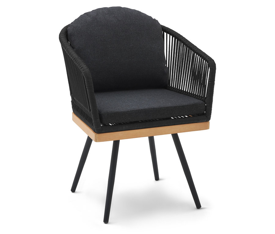 Drehbarer Gartenstuhl mit Textilgeflecht und dunklen Polstern.
