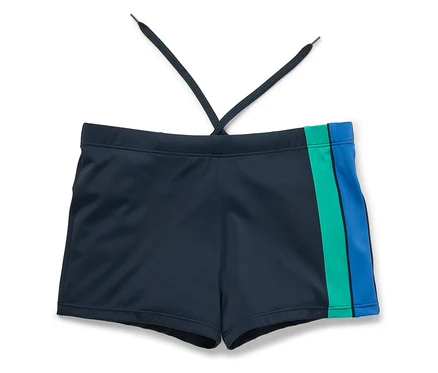 Marineblaue Badehose mit grünem und blauem Streifen am Bein.