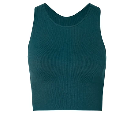 Geripptes, ärmelloses, dunkelblaugrünes Tanktop auf weißem Hintergrund.