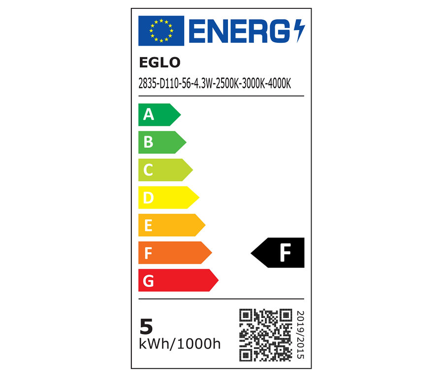 Das Energielabel von EGLO 2835-D110-56-4.3W zeigt die Energieeffizienzklasse F und einen Verbrauch von 5 kWh/1000h.