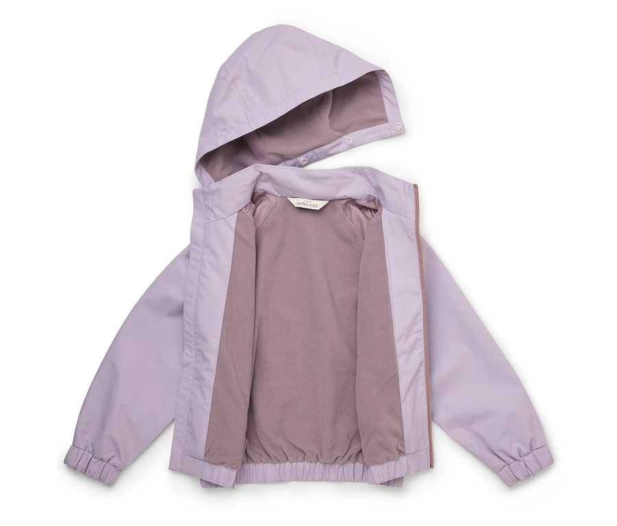 Offene, hellviolette Kinderjacke mit Kapuze und Reißverschluss, Innenfutter in Taupe.