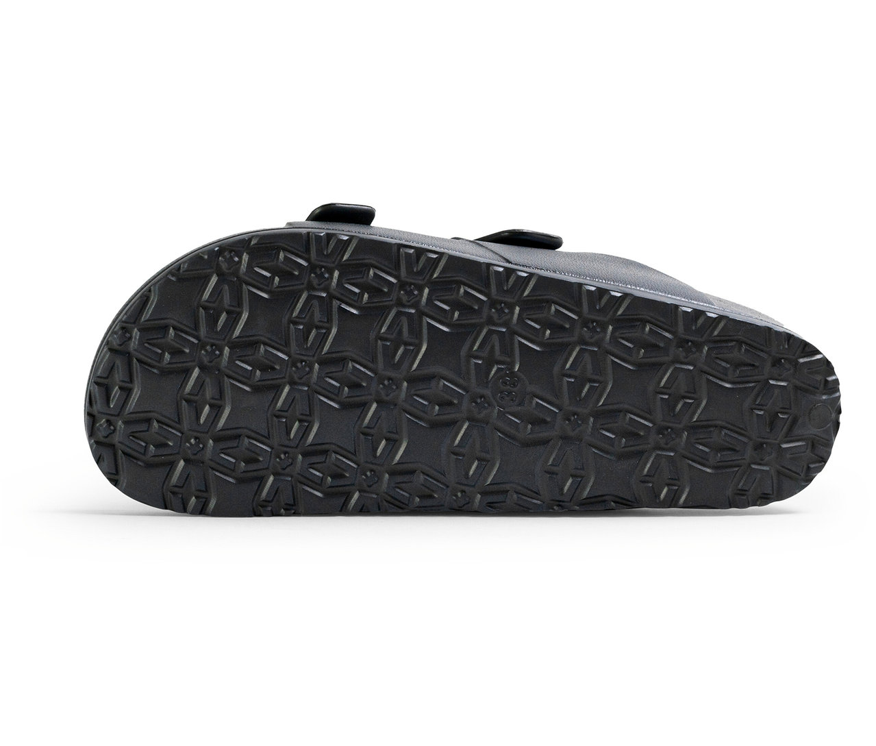 Sohle des FILA Matero Damen-Slippers in Schwarz mit einem Muster aus Kreuzen und Vierecken.