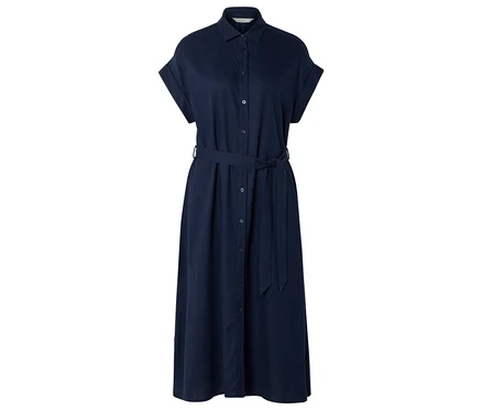 Dunkelblaues Hemdblusenkleid mit kurzen Ärmeln und Bindegürtel.