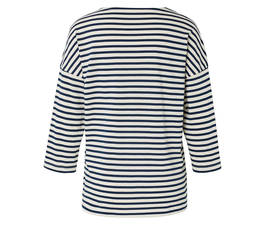 Rückansicht eines weiß-blau gestreiften Langarmshirts.