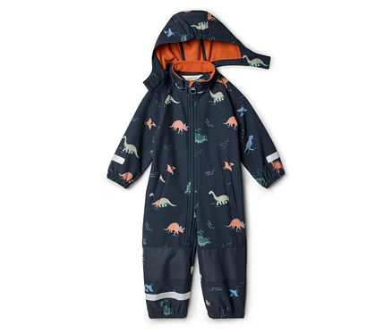 Marineblauer Overall mit Kapuze und Dinosaurier-Muster liegt auf dem Boden.
