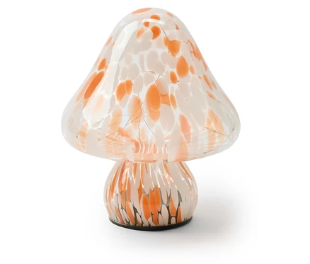 Pilzförmige Glaslampe mit orange-weißen Sprenkeln und innerer Beleuchtung.