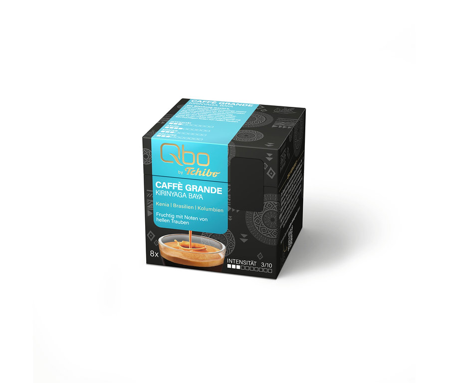 Schwarze und türkise Qbo by Tchibo Kaffeekapselpackung Caffè Grande Kirinyaga Baya, mit 8 Kapseln, Intensität 3/10, fruchtig mit Noten von hellen Trauben, aus Kenia, Brasilien und Kolumbien.