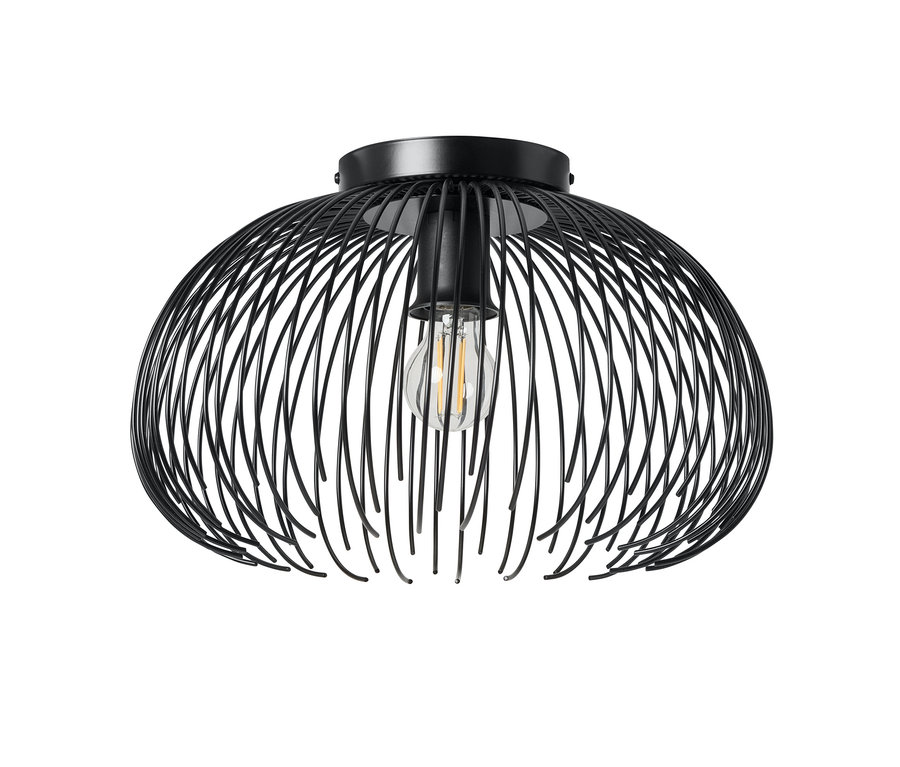 Schwarze Deckenleuchte mit einem Drahtgeflecht-Schirm in Form einer abgeflachten Kuppel. Eine Edison-Glühbirne ist im Inneren sichtbar.