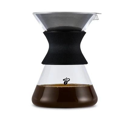 Eine BEEM Pour Over, 0,75 l Glaskaraffe mit Filter und Kaffee.