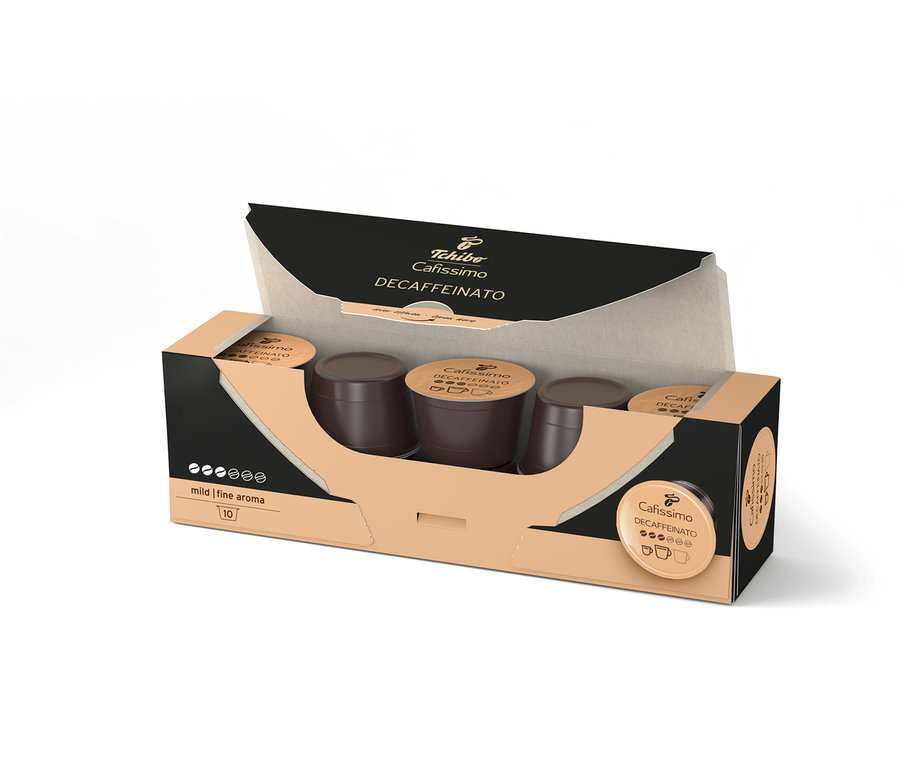 Eine Packung mit zehn entkoffeinierten Cafissimo Kapseln.
