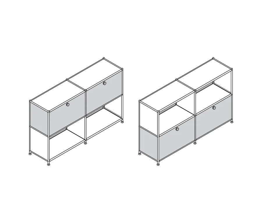 Zwei hellgraue Metall-Sideboards »CN3« mit 2 versetzbaren Klappenfächern in zwei Konfigurationen. Das linke Sideboard hat eine Klappe oben links und unten rechts, das rechte Sideboard hat Klappen in beiden unteren Fächern.