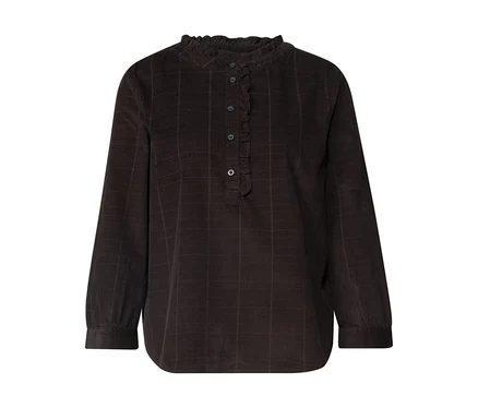 Street One Cordbluse in Braun mit Rüschenkragen und Knopfleiste.