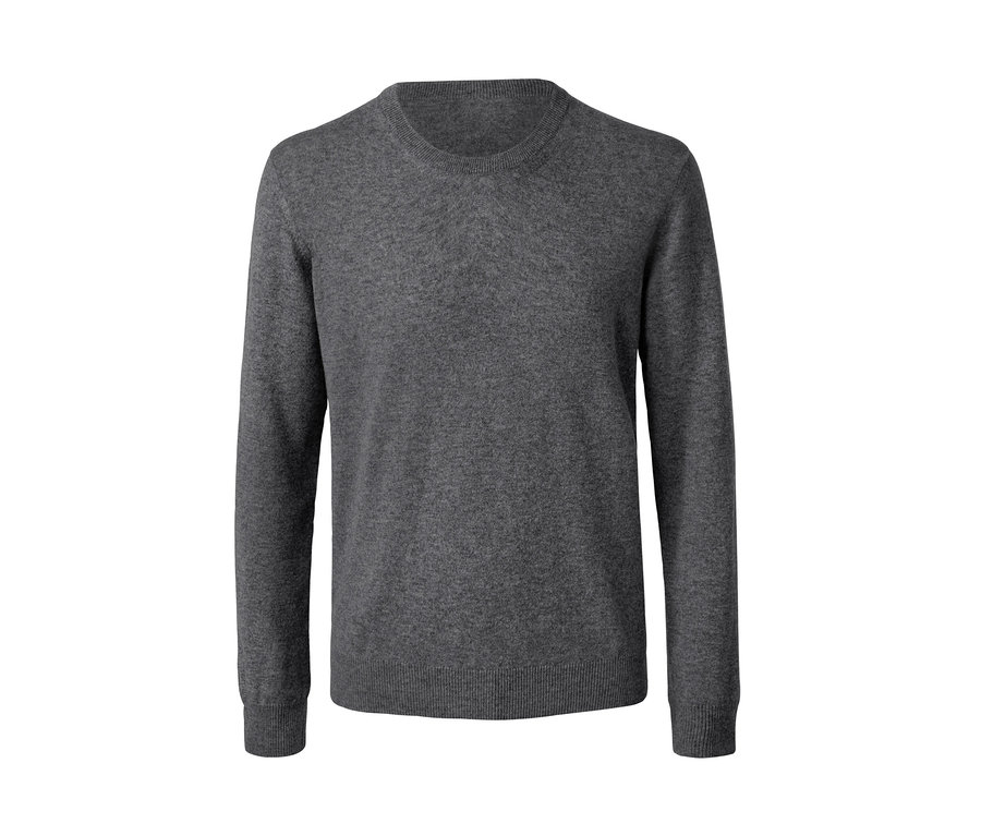 Grauer Cashmere-Pullover mit Rundhalsausschnitt.