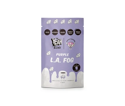 Lila-weißer Beutel "The Yeah Blend - Purple L.A. Fog x Ube - 100 g" mit Aufschriften wie "Vegan", "Ohne Palmöl" und "Barista Ready".