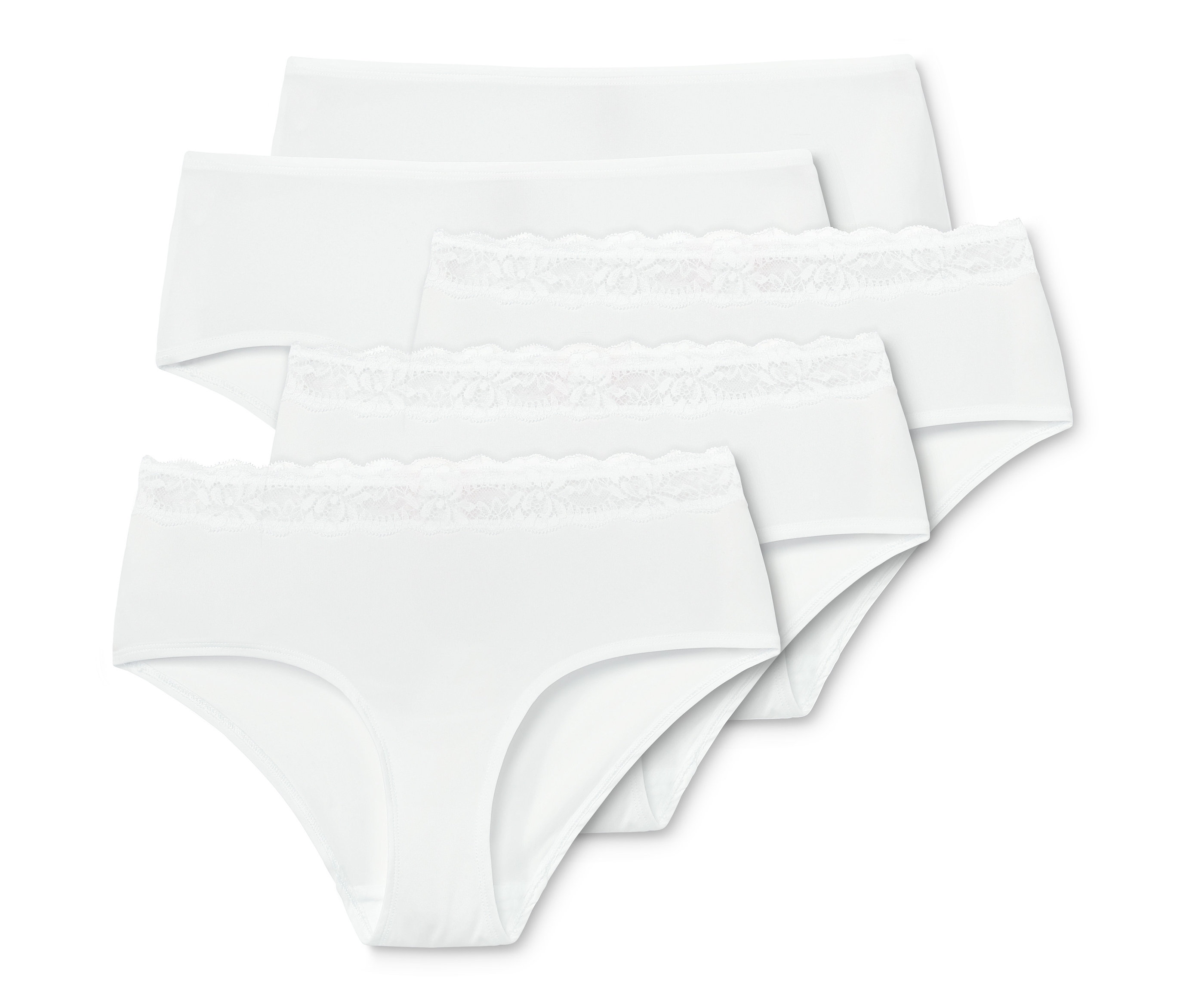 Detailansicht von fünf weißen Damen-Pantys.