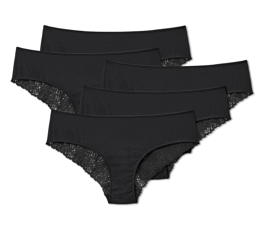 Fünf schwarze Brazil-Slips mit Spitze.