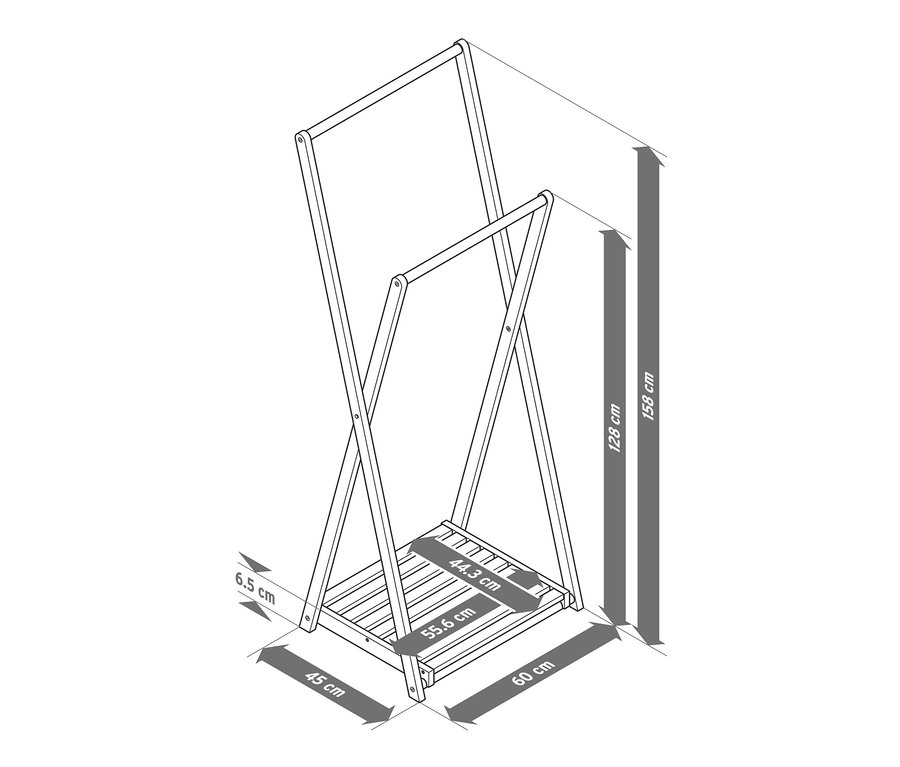 Eine Abbildung eines klappbaren Kleiderständers mit Bemaßungen.