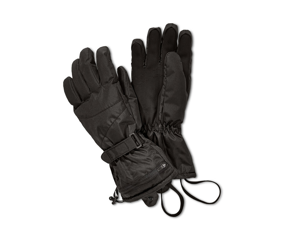 Zwei schwarze Skihandschuhe liegen auf einem weißen Hintergrund.