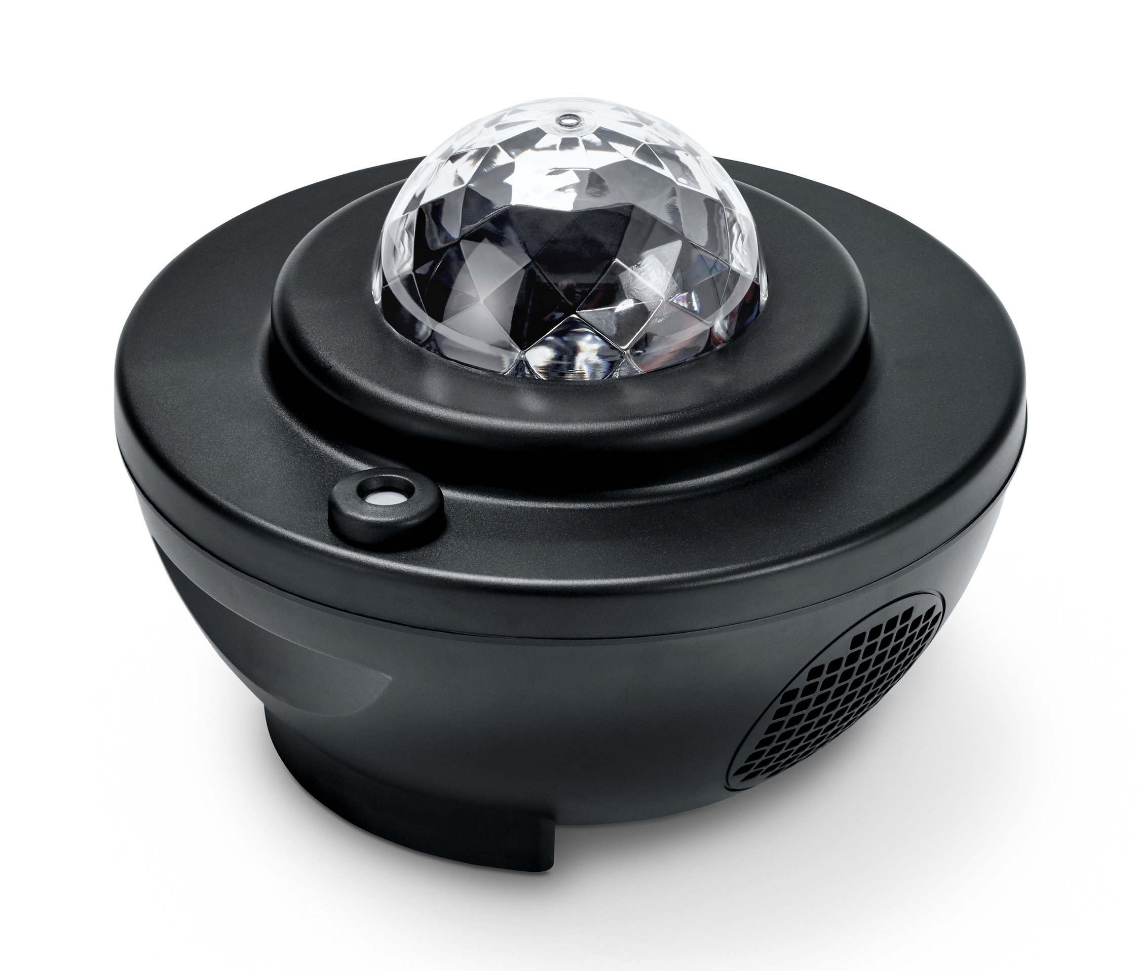 Ein schwarzer LED-Sternenhimmel-Projektor auf einem weißen Hintergrund.