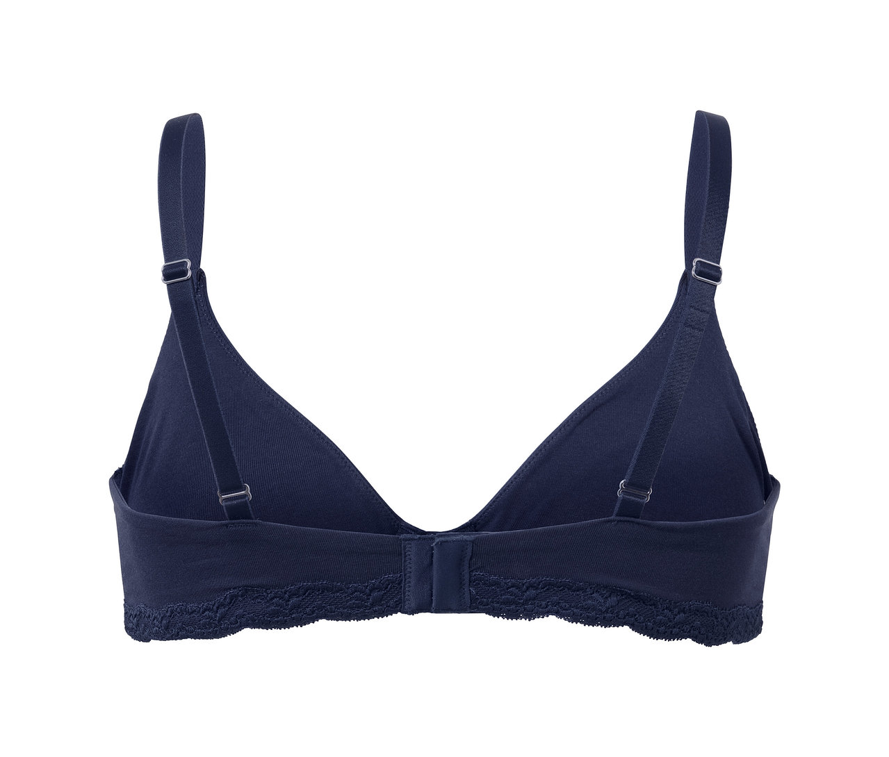 Detailansicht von hinten eines blauen Bügel-BHs mit Spitzenbesatz und verstellbaren Trägern.