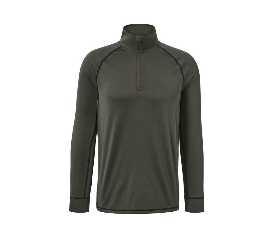 Grau-grünes Thermo-Funktionsshirt mit langen Ärmeln und kurzem Reißverschluss.