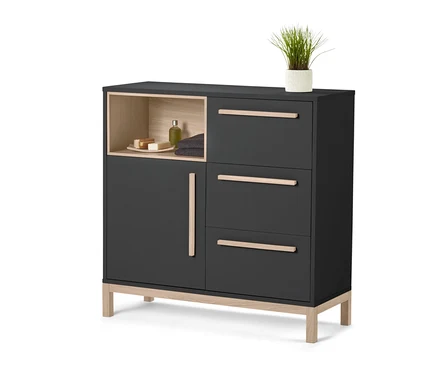 Ein anthrazitfarbenes Bad-Sideboard »Eklund« mit offenem Regal, einer Tür, drei Schubladen und einer Pflanze im Topf darauf.