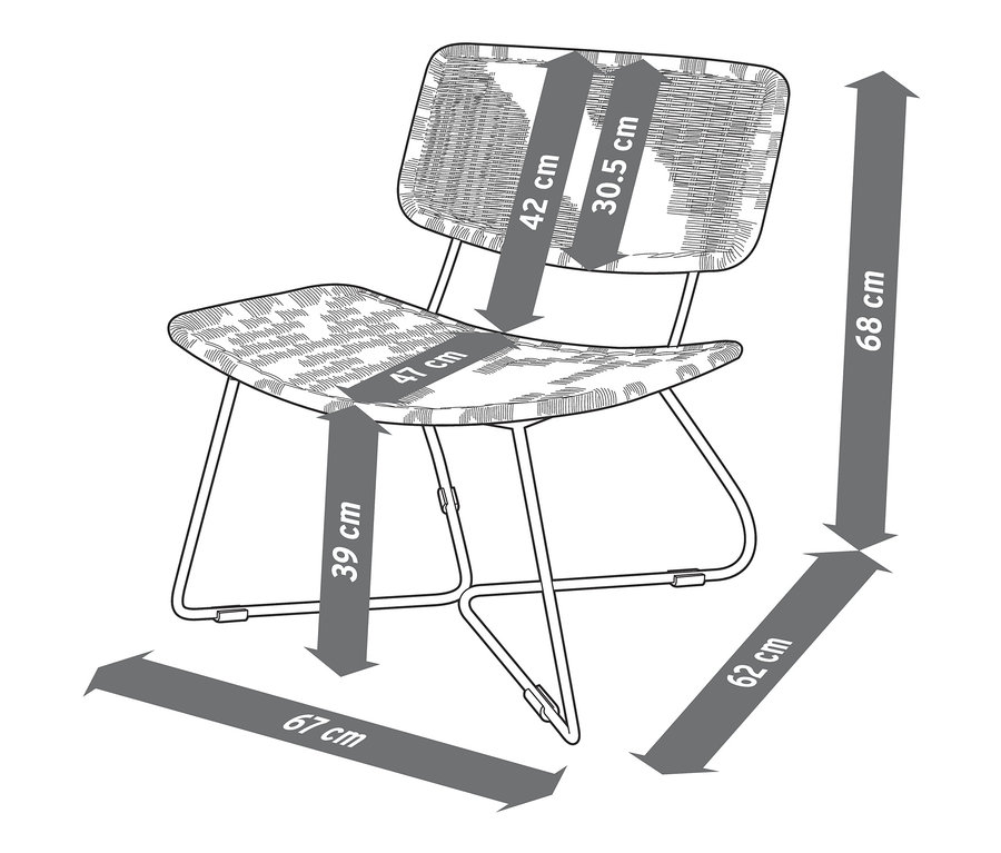 Skizze eines Design-Loungesessels mit Polyrattangeflecht und Abmessungen.