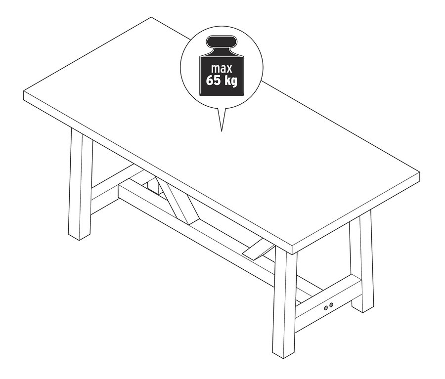 Skizze eines Esstisches mit einer maximalen Belastbarkeit von 65 kg.