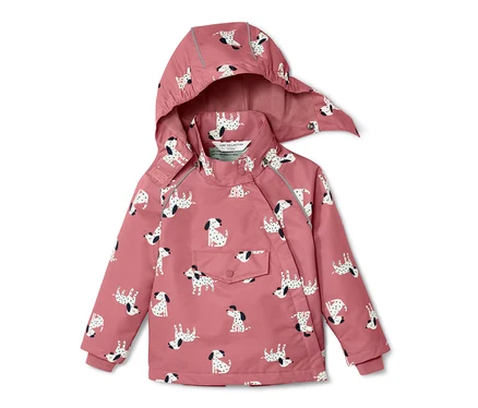 Rosa Kinder-Thermo-Regenjacke mit Dalmatiner-Muster.