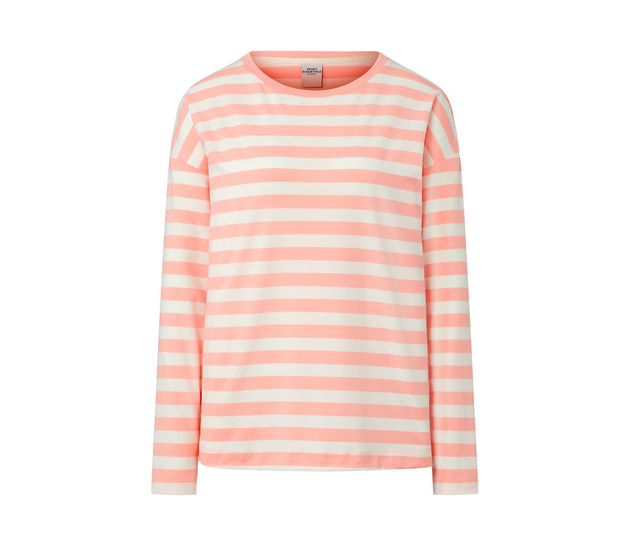 Langarm-Funktionsshirt mit rosa-weissen horizontalen Streifen.