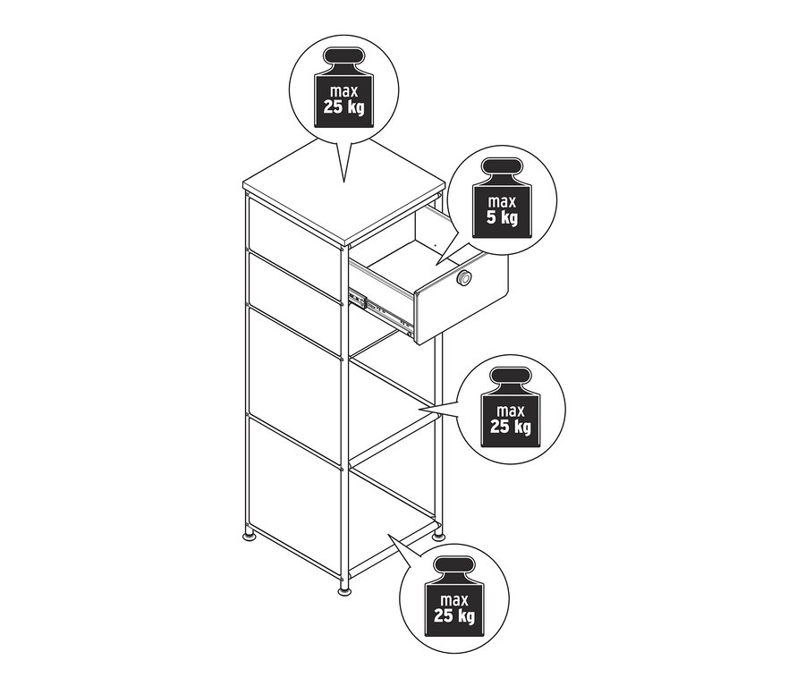 Zeichnung einer schmalen Kommode Metall »CN3« mit Holzplatte und 2 Schubladen, weiß, wobei eine Schublade geöffnet ist.